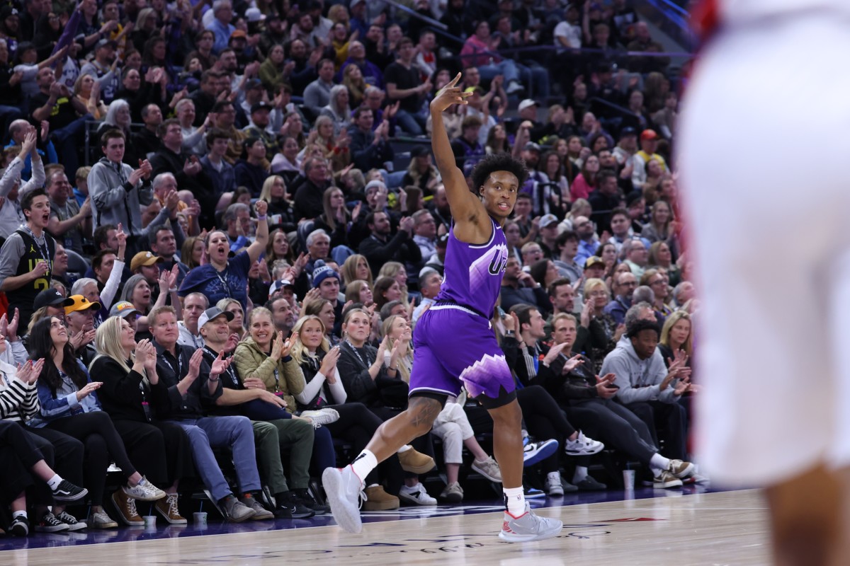 Jan 3, 2024; Salt Lake City, Utah, USA; Utah Jazz guard Collin Sexton (2) reacts to making a three point shot against the Detroit Pistons during the second quarter at Delta Center.